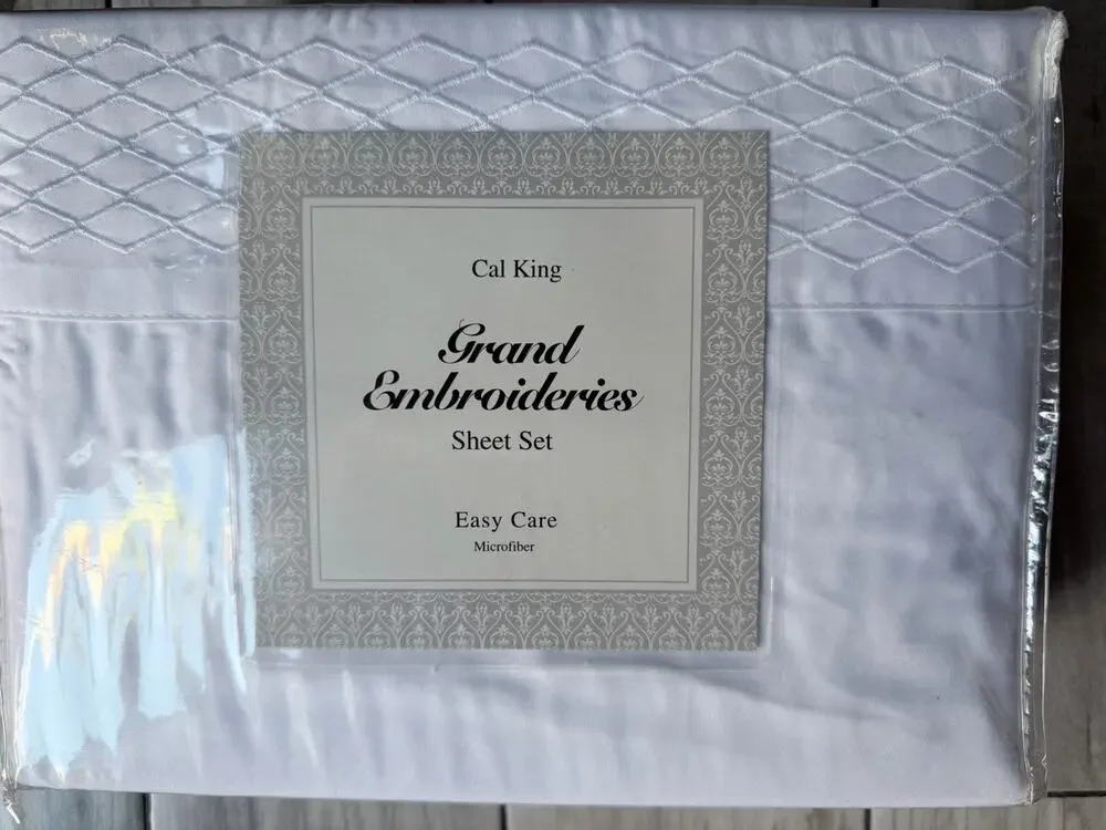 Grand Embroderies Cal King Sheet Set In White 100% Brushed Polyester New